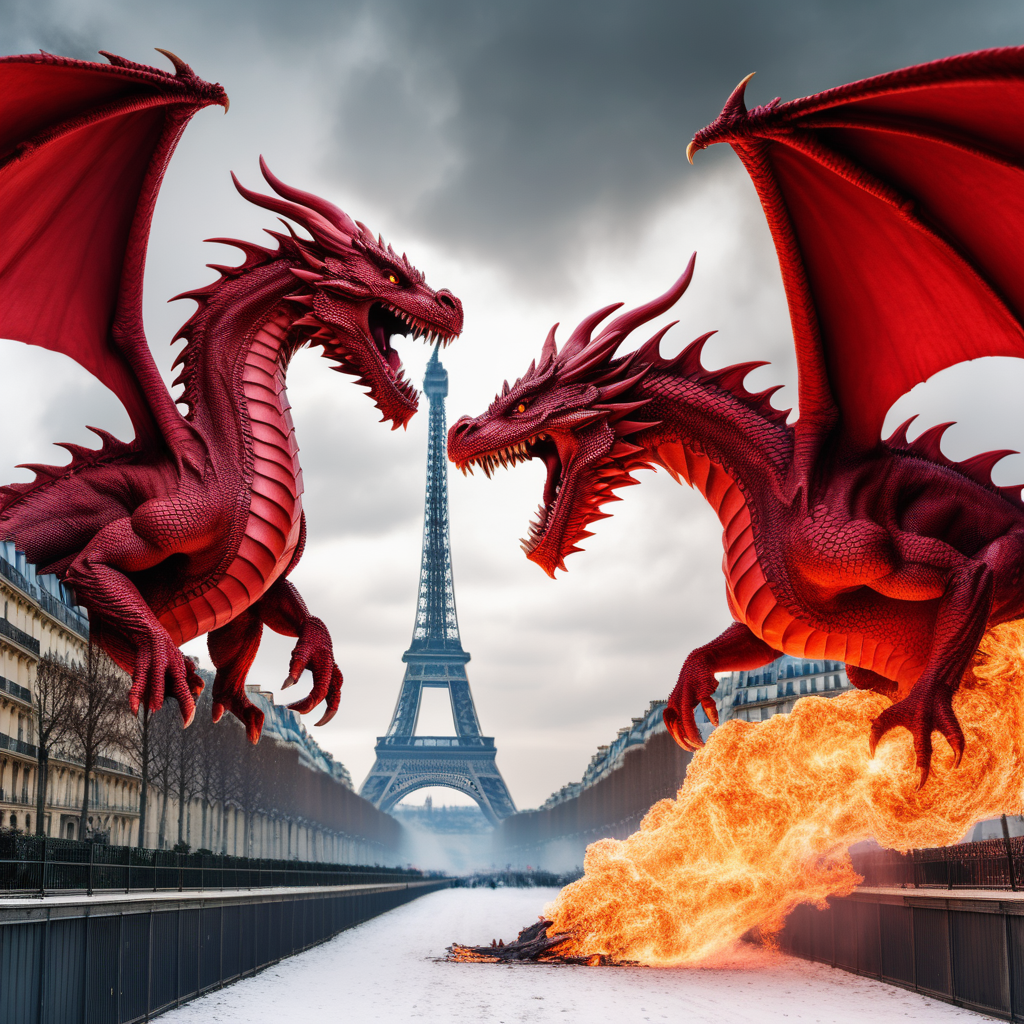 red two headed fire breathing dragon destroying Paris in winter