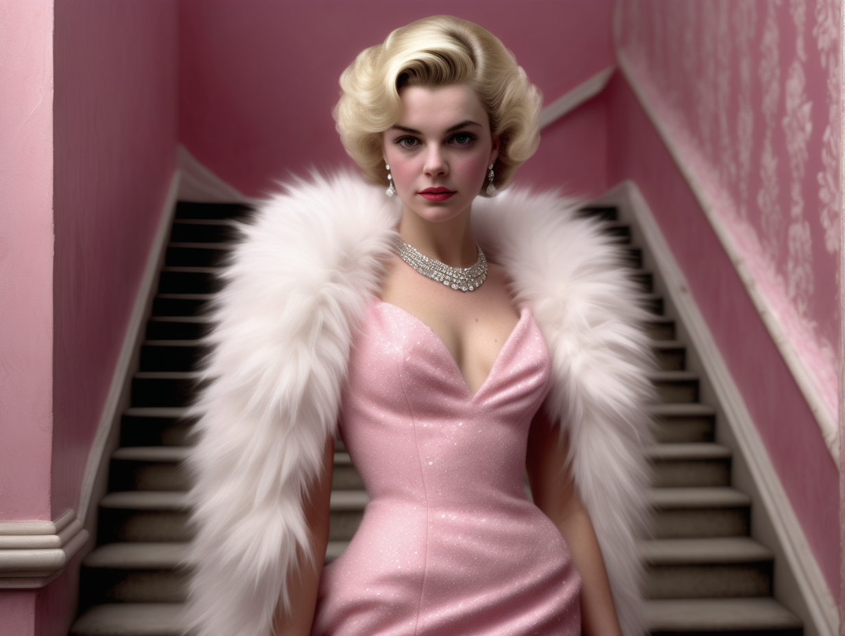 ultra realistic high texture realistic depiction photo of a British woman as a material girl, standing on a stairs, in a pink dress with white fur, diamonds, rich --ar 2:3