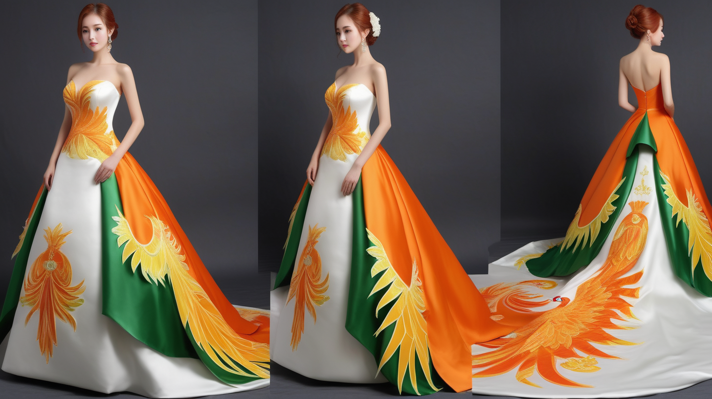 Ho-oh design wedding gown. Orange, green, yellow, white