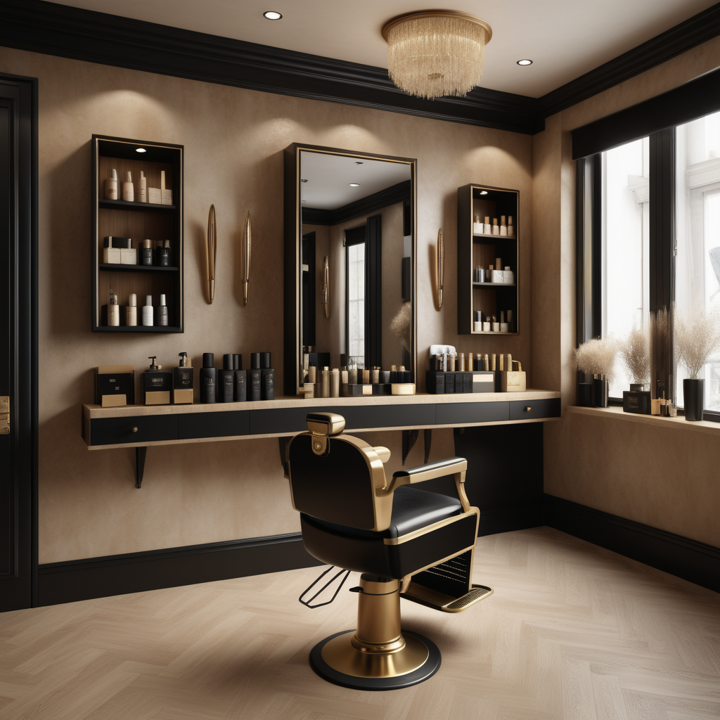 hyperrealistic image of an elegant hasirdressers interior in a beige, oak, brass and black colour palette