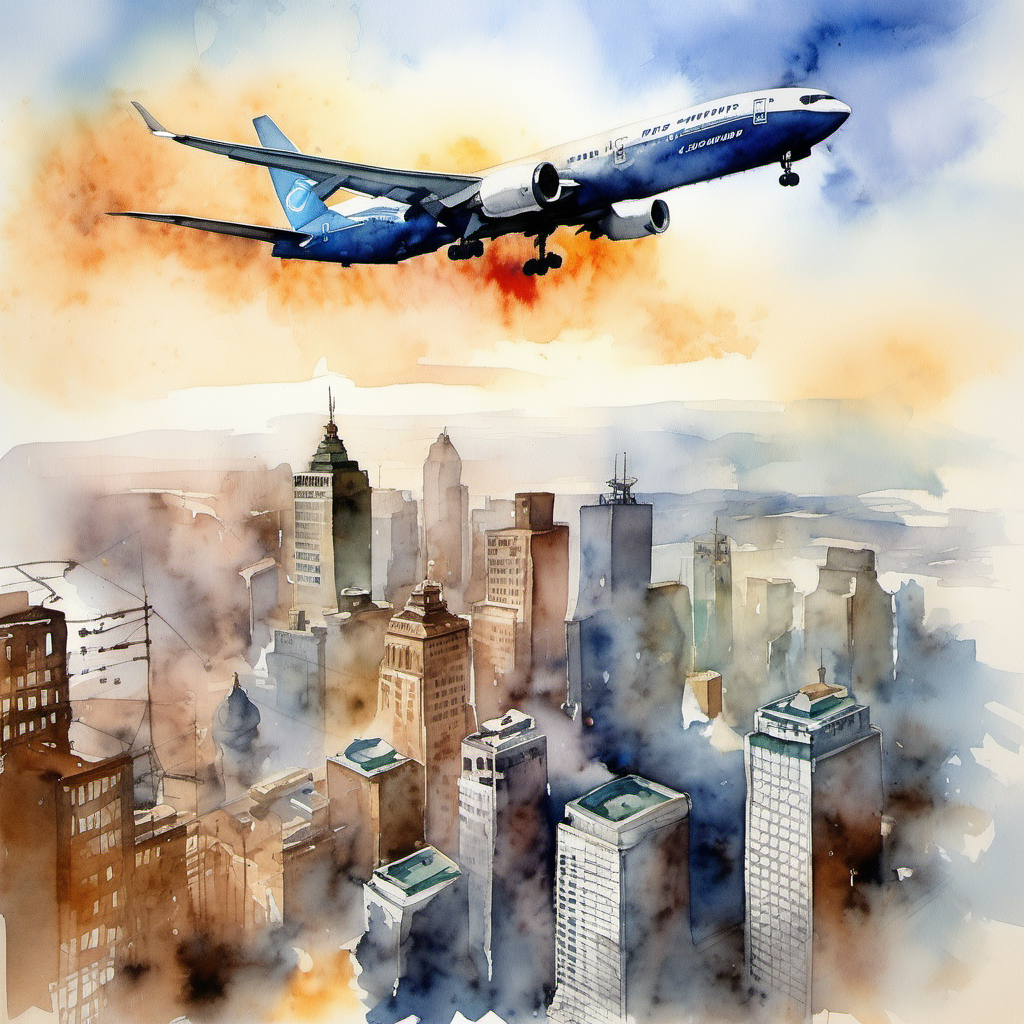 Boeing 767 departure from big City, watercolor art