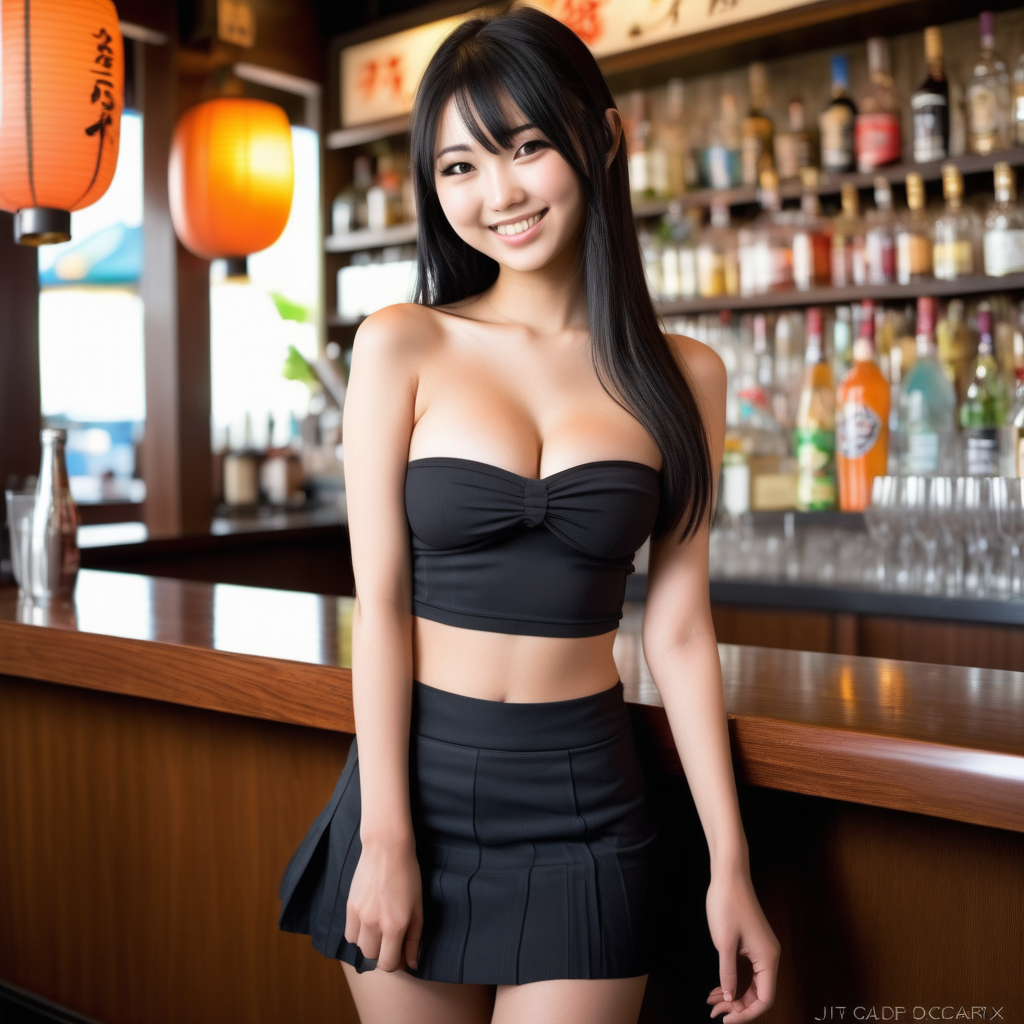 A beautiful, petite, slender, seductive sultry Japanese 18 year old girl, 32DDD breasts, long black hair, tube top, short skirt, smile, sunny, breezy, bar, holding cocktail