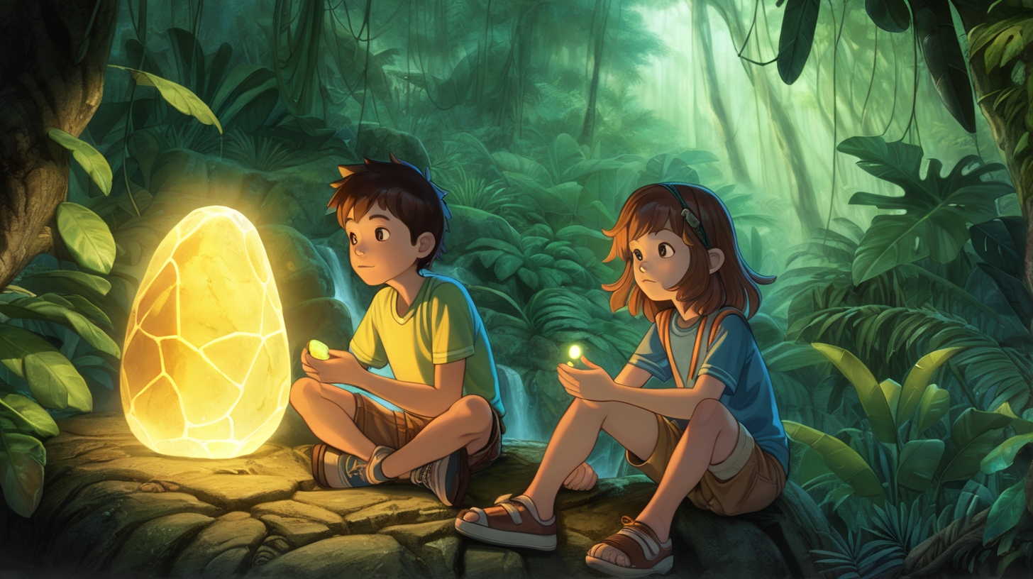 a boy and a girl sitting next to a small glowing stone in the jungle. ensure that there are only two people in the image.
