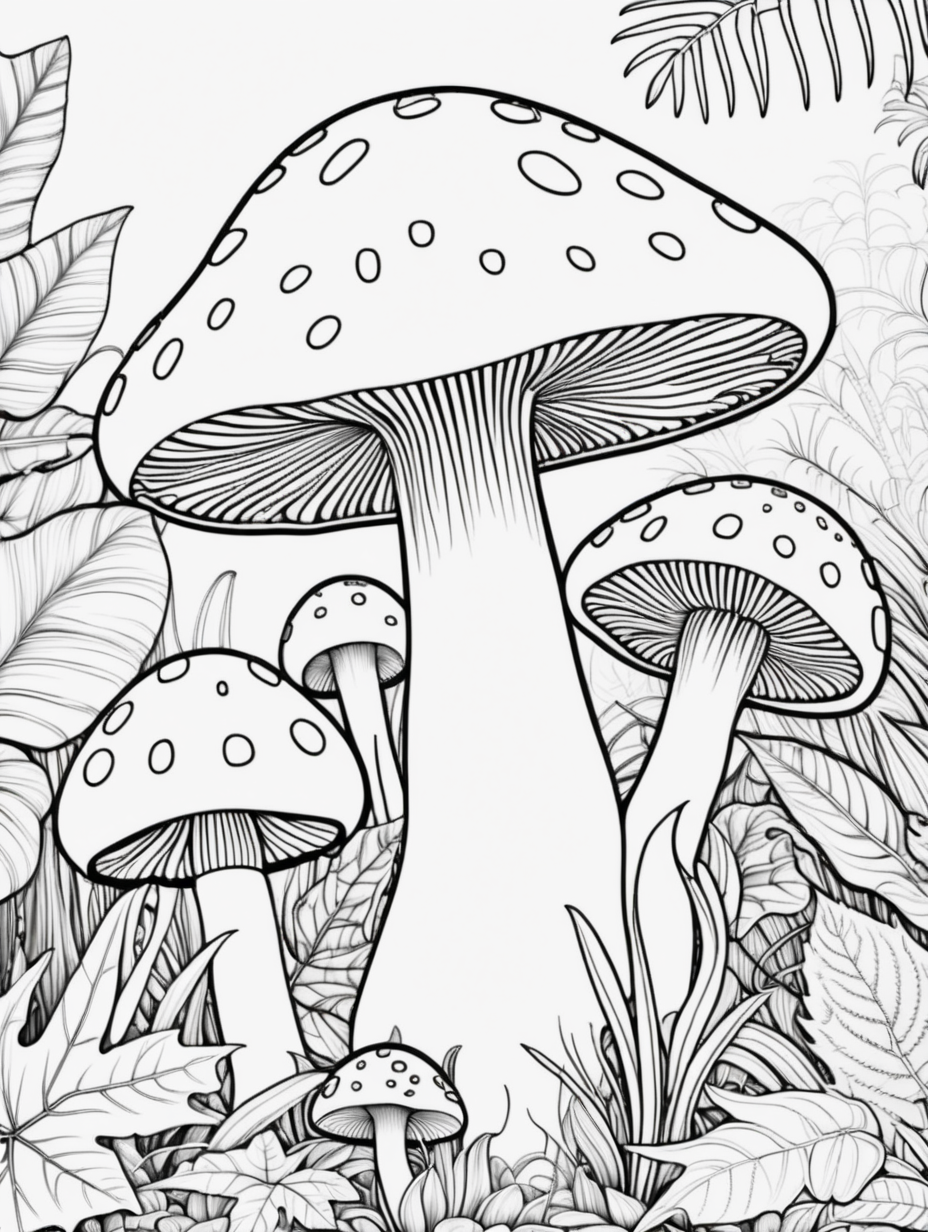 mushroom in jungle, coloring page, low details, no colors, no shadows