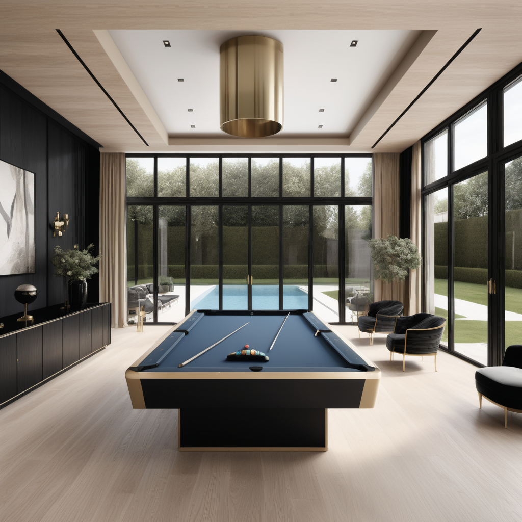 a hyperrealistic of a Modern Parisian estate home pool room with floor to ceiling windows in a beige oak brass and black colour palette 
