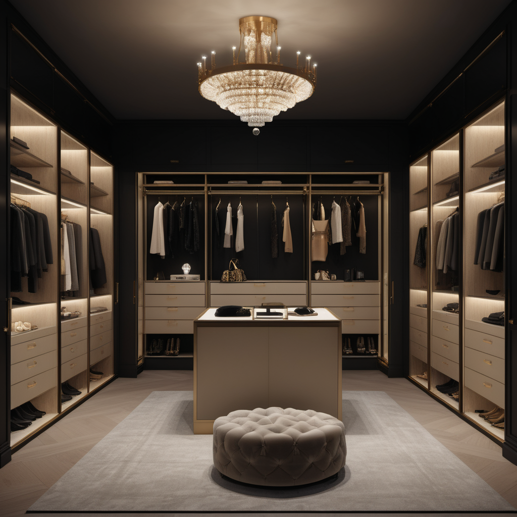 a hyperrealistic image of a grand modern Parisian  walk in closet at night with mood lighting, floor to ceiling window with view of the balcony  in beige, oak, black and brass with modern brass chandelier and accessory island
