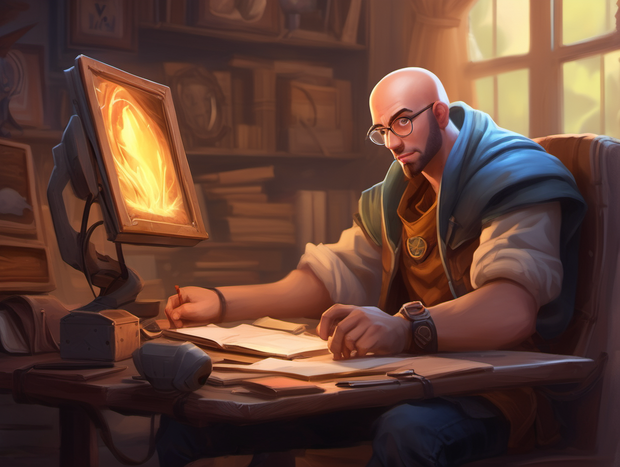 https://i.ibb.co/TBwzm4r/1702818162749m7egx85z.png Digital art in the style of hearthstone card art. The subject is a male character on his 30s bald fade doing digital art on a wacom and monitor. The scene takes place in a office with natural elements such as things made of out of trees or grass.--v 5.3 --zoom 1.5