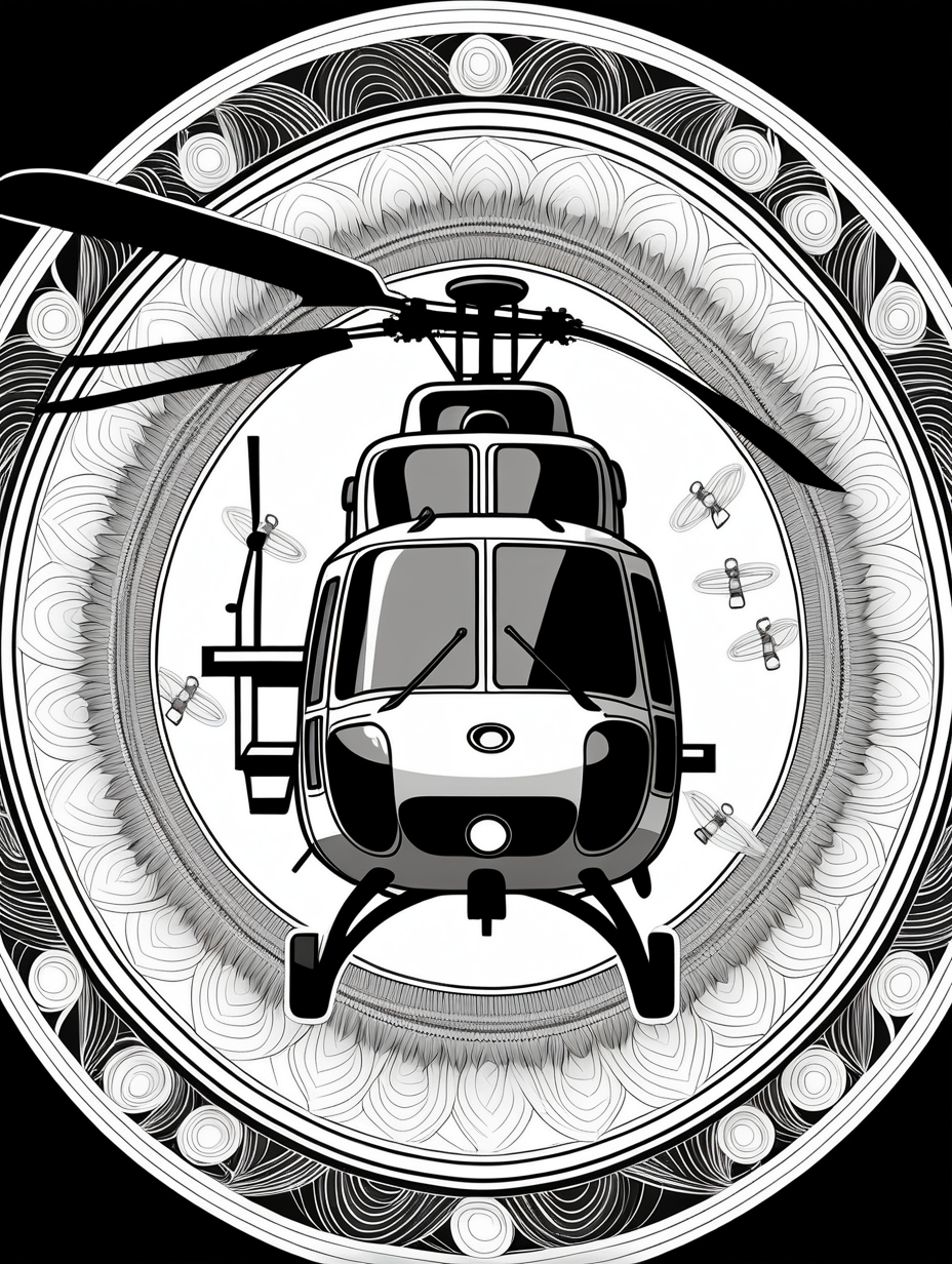 huey helicopter inspired mandala pattern, black and white, fit to page, children's coloring book, coloring book page, clean line art, line art, no bleed