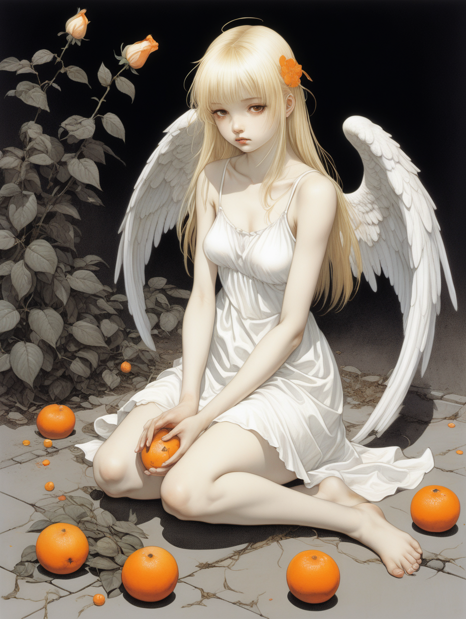 Chica angel sentada en el suelo con una mandarina. Tiene un vestido blanco corto con tirantes simple, el pelo largo rubio y los ojos negros. A su lado crecen rosas marchitas. La ilustracion es del estilo de Yoshitaka Amano