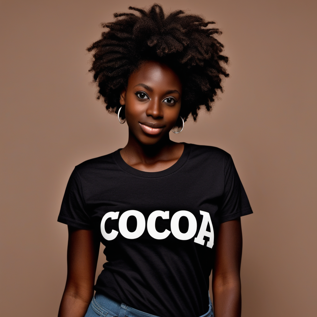 Dark skinned Black woman posing in a t-shirt with the words "Cocoa" on the shirt. 