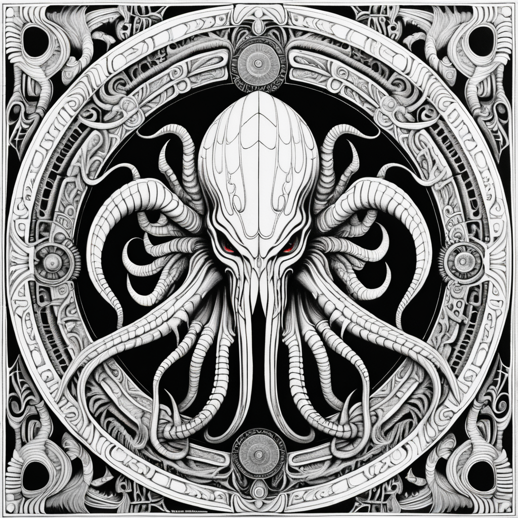 black & white, coloring page, high details, symmetrical mandala, strong lines, mind flayer in style of H.R Giger