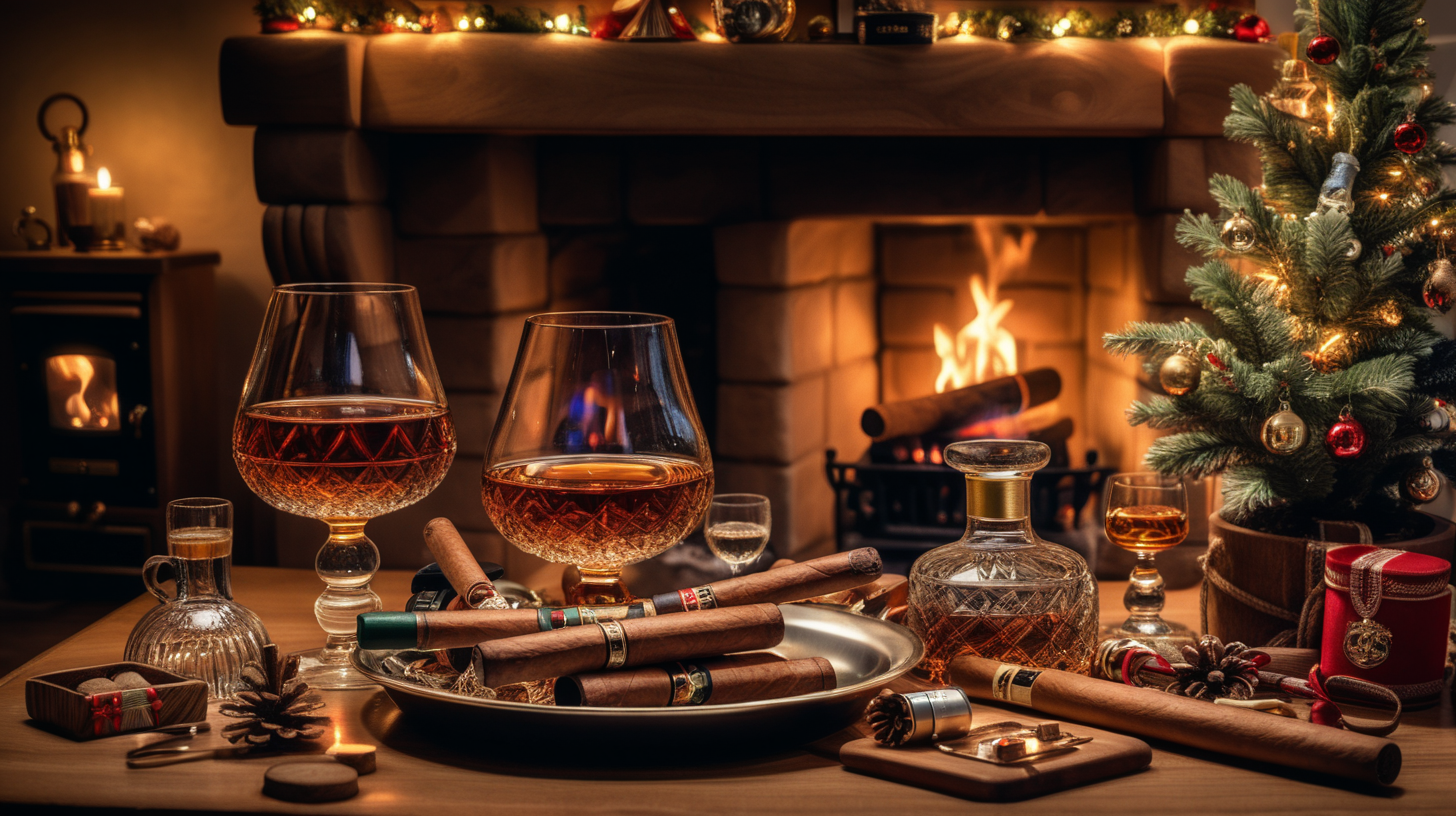 Christmas tree decorated with kitchenware.
Cosy dim lighting - furniture in front of fireplace. Whiskey in glasses on the table. A cigar burning in an ashtray.