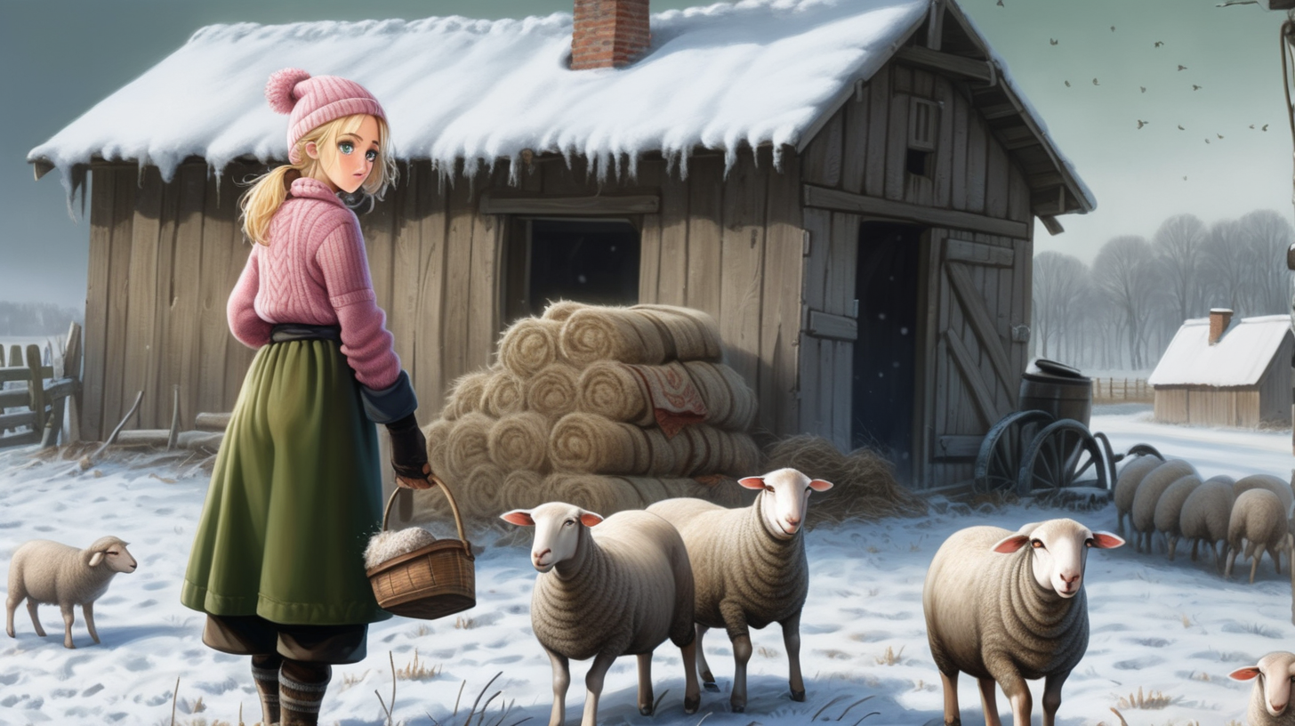 The young blond peasant woman with green eyes is digging in the fields in winter - everything is covered with snow, it is evening and she is watching animals. Everything is muddy - next to it there is an old and broken shack with black smoke coming out of the chimney. A wooden shed. Next to it is a stable - full of sheep and animals. There are also bales of straw. It's winter, it's very studenty. The girl is wearing a torn and torn dirty white woolen sweater, tight black elastic pantyhose with mud stains, she wears a quilt and a knitted hat. On his feet are worn muddy and dirty rubber shoes, from which white dirty knitted woolen home-made socks are coming out. Dressed with thick quilting in a dirty green color. There is a torn knitted pink scarf - dirty from the mud. He also wears funny knitted gloves.