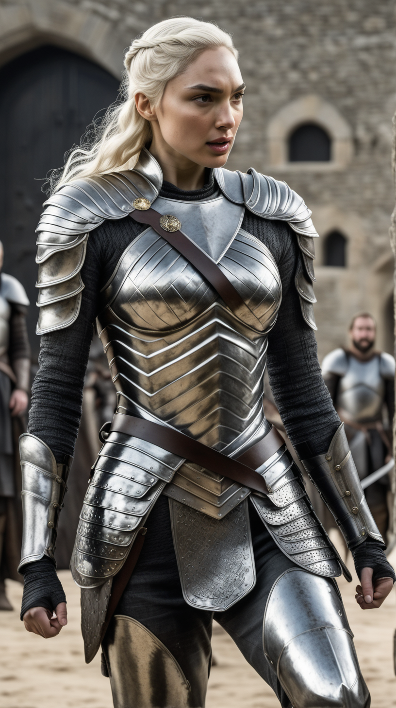 Gal Gadot, with platinum blonde hair, in silver, full-body armor fighting in Game of Thrones.