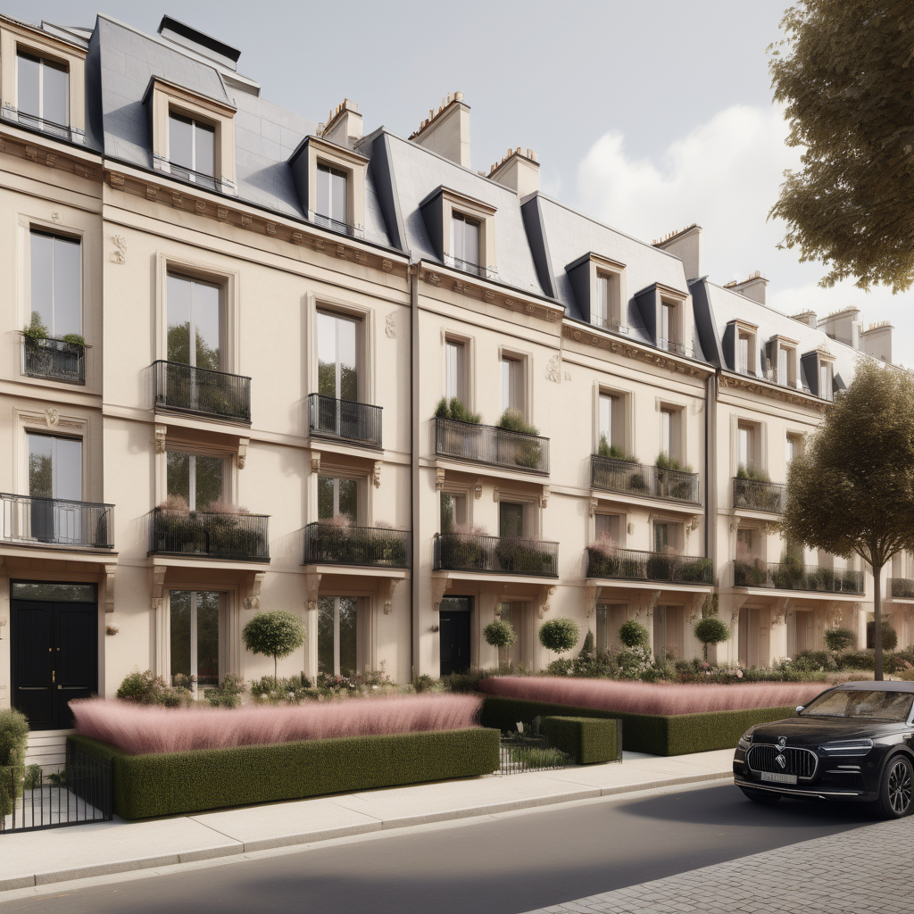 A hyperrealistic image of a palatial modern Parisian group of townhouses viewed from the street in a beige oak brass colour palette with accents of black and dusty rose, with beautiful garden beds out front
