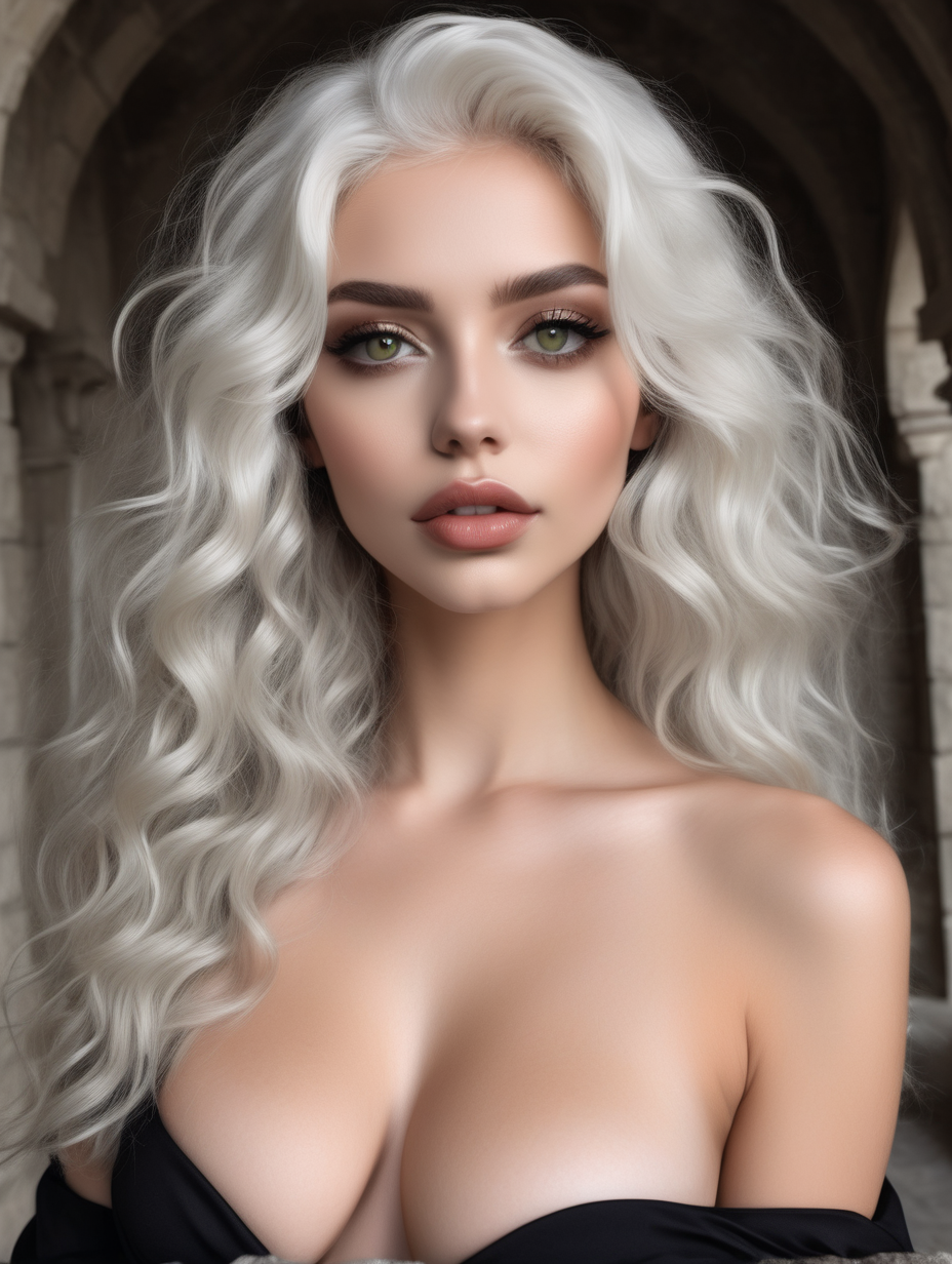 a very beautiful woman
wavy white hair
heart shaped face
perfect lips
light olive colored eyes
in a black castle
wearing a sexy black dress

