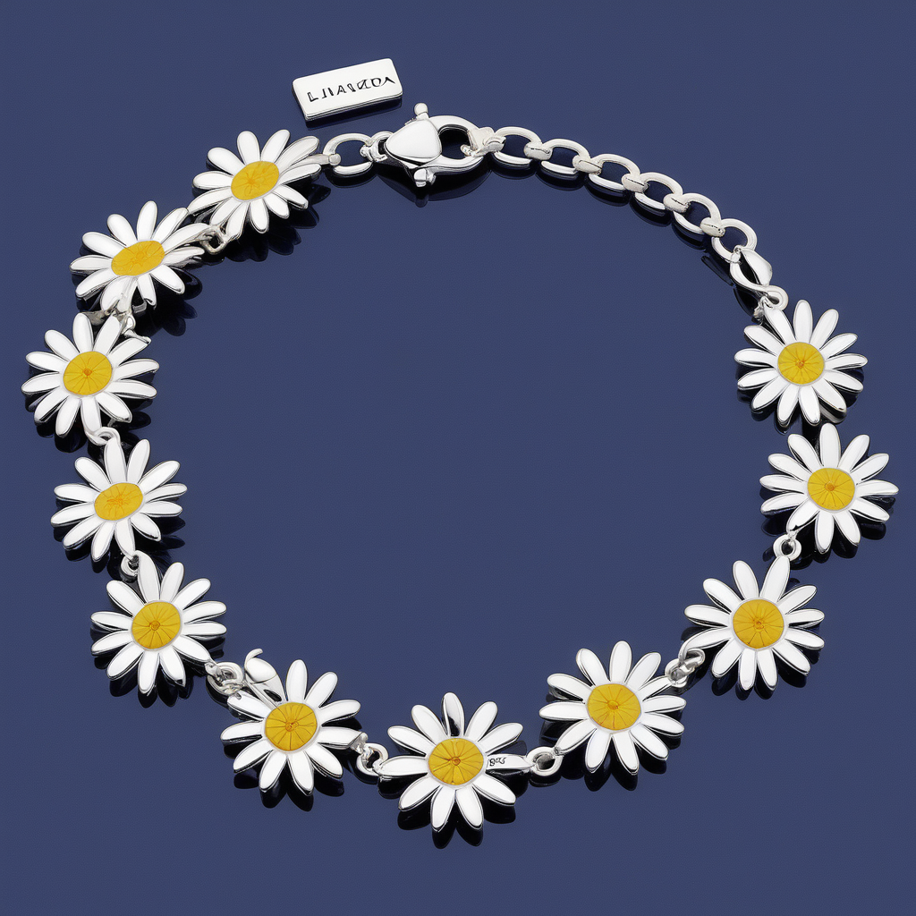 silver bracelet with different kind of daisy charms. The charms are enamelled with a thin silver border. There is a link on the side of each charm and they are linked together. Charms width max 6mm - Total length of the bracelet is 18cm - Bracelet closure : silver clasp
