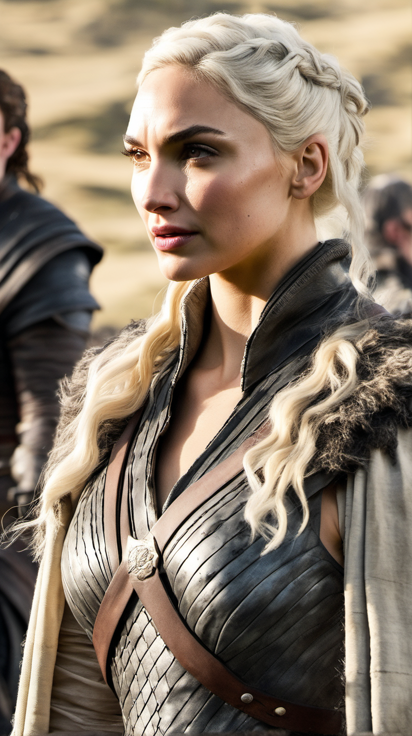 Gal Gadot, with platinum blonde hair in an updo, wearing traveling clothes in Game of Thrones. 