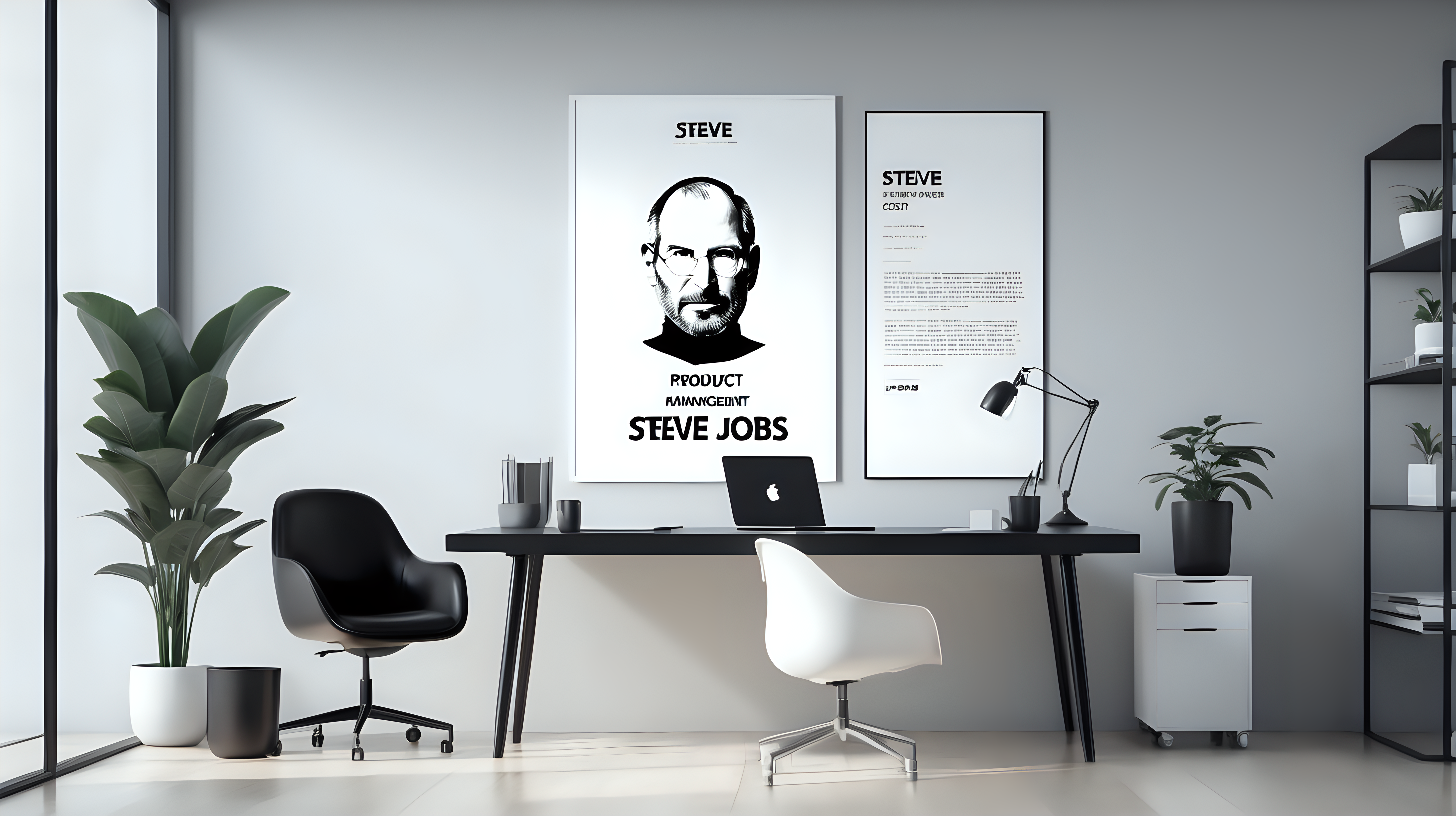 Minimalistic office with some furniture background for Tech product management online course. With Steve Jobs poster on the wall
