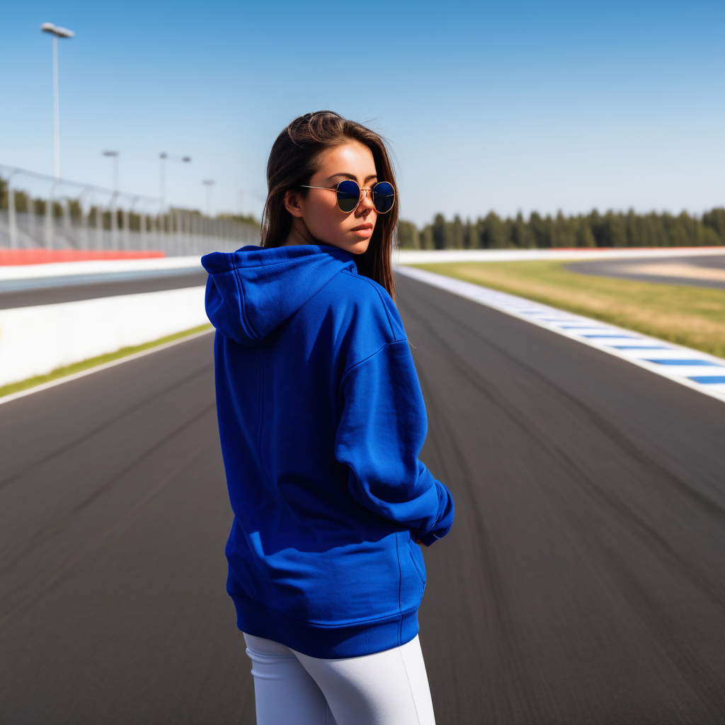 girl with sunglasses on and an oversized royal blue PLAIN hoodie facing away on a race track and shes standing 5 feet away