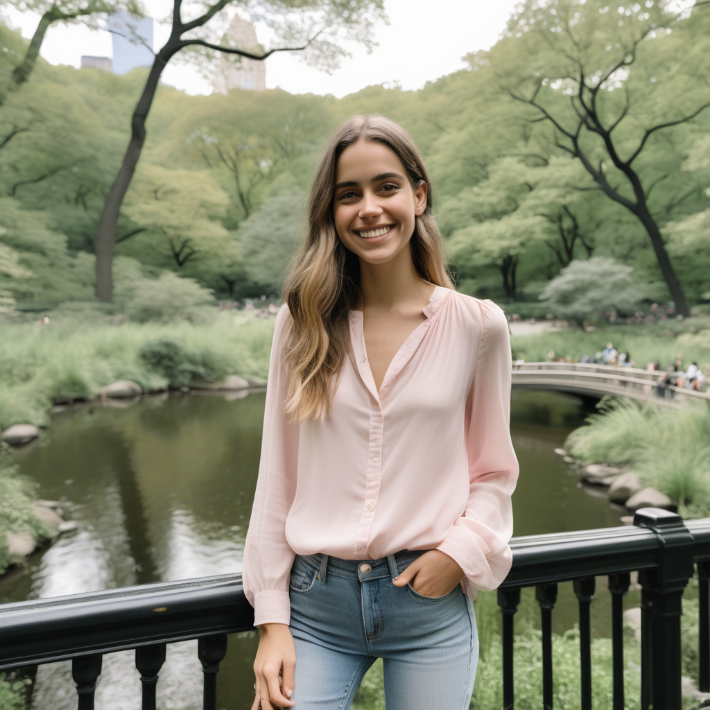 A smiling Emily Feld dressed in a long, light pink blouse and jeans standing in Central Park's Hallett Nature Sanctuary