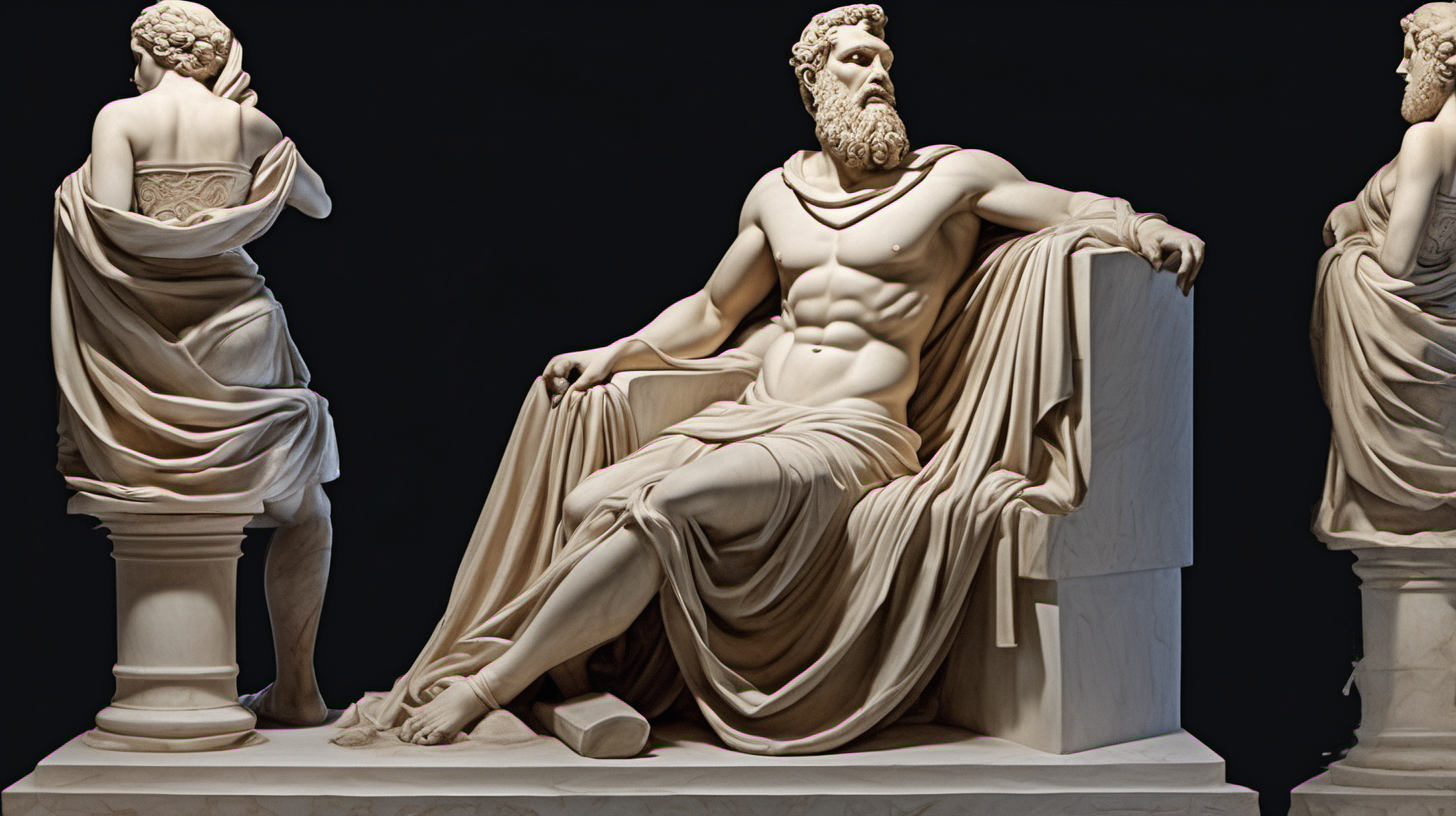 ﻿
Image of a full-body statue depicting a muscular, bearded man sitting near to his beautiful wife. The statue should be in the style of ancient Greek art, characteristic of Stoicism. It should feature clothing elegantly draped over one shoulder. The background should be dark, highlighting the statue as the central element. The statue must demonstrate exceptional
craftsmanship, with intricate details visible in the facial features and attire. The image should have a dramatic feel, achieved through the interplay of light and shadow. The perspective should be a wide shot.