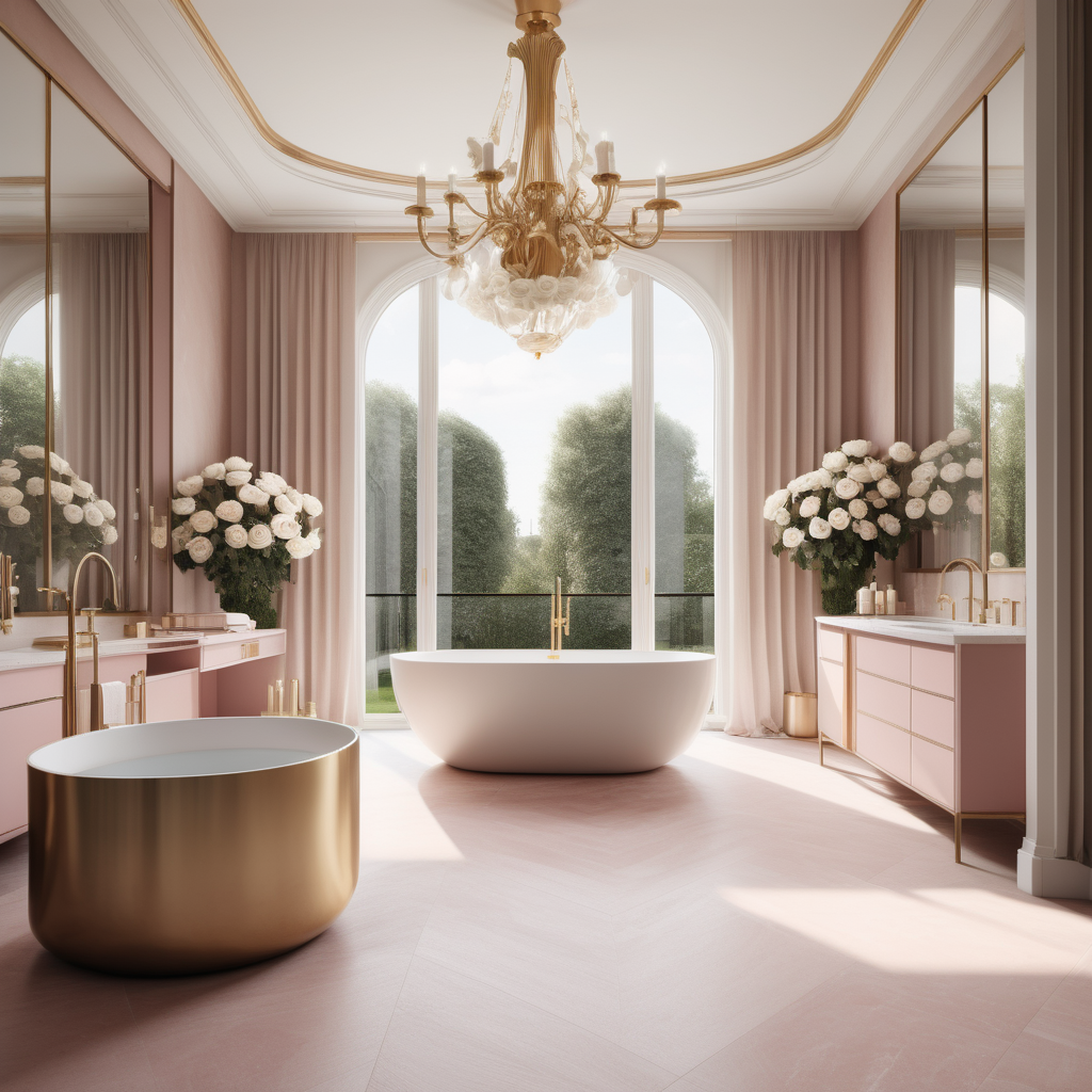 A hyperrealistic image of a grand, elegant modern Parisian master bathroom in a beige oak brass and dusty rose colour palette with floor to ceiling windows showing views of the white roses in the garden, a brass modern chandelier, an accessory island, curves