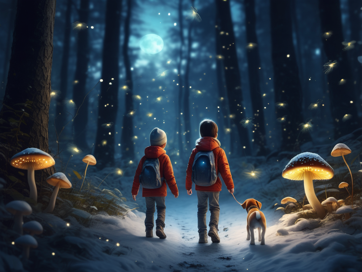 Create a image of a lost child walking in a snowy forest at night with fireflies and glowing mushrooms with a puppy
