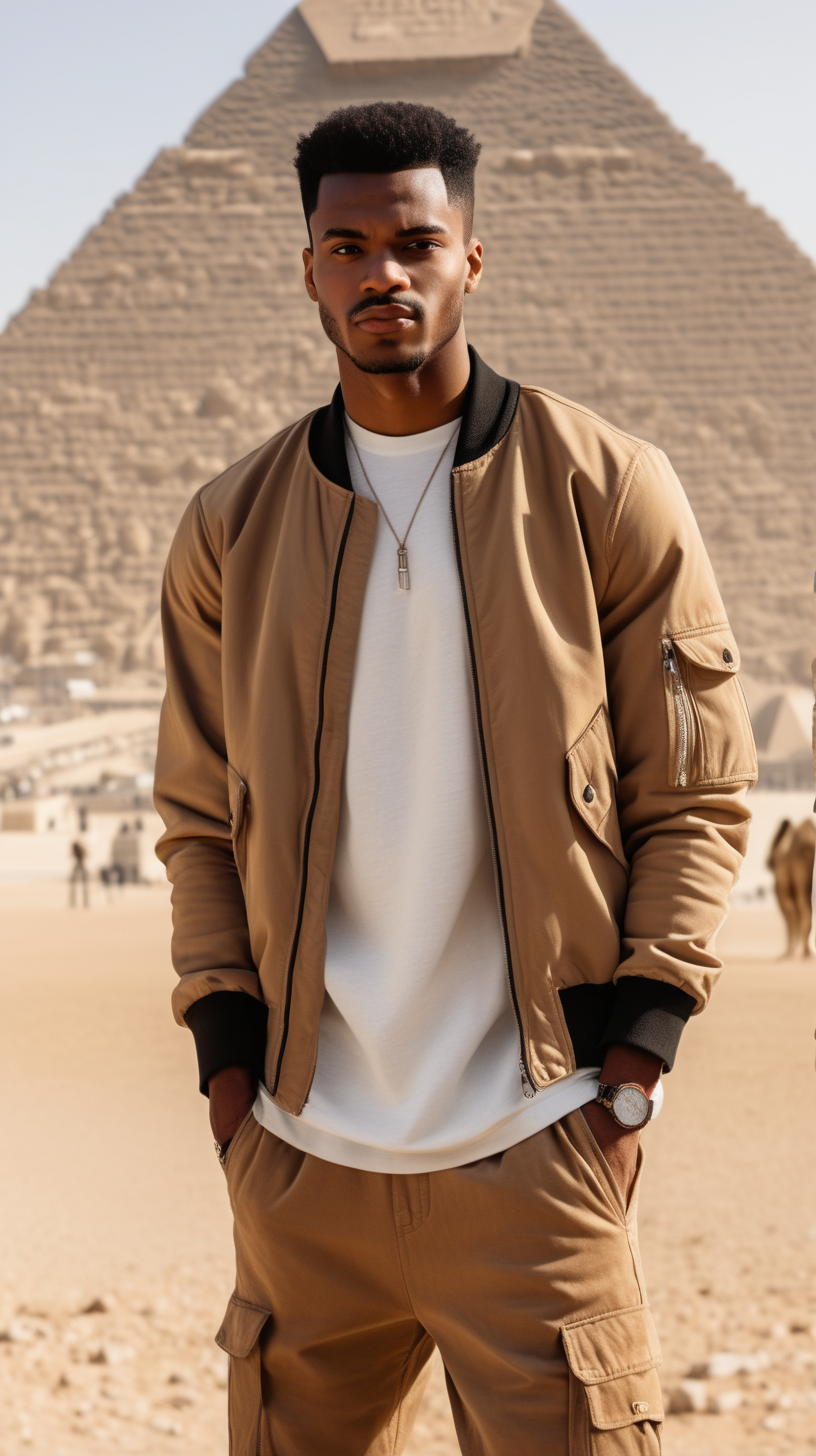 A handsome, young, African American man, wearing short, black hair, wearing a Camel Tan, cut and sew, bomber jacket, standing against the Pyramids of Ghiza, background, Facing  the camera, wearing a light, pine colored, linen, dress shirt, wearing a white tee-shirt, wearing Taupe Brown, Corduroy joggers, lighting is over the right shoulder, from behind, pointing down, ultra 4k, render, high definition, light shadowing