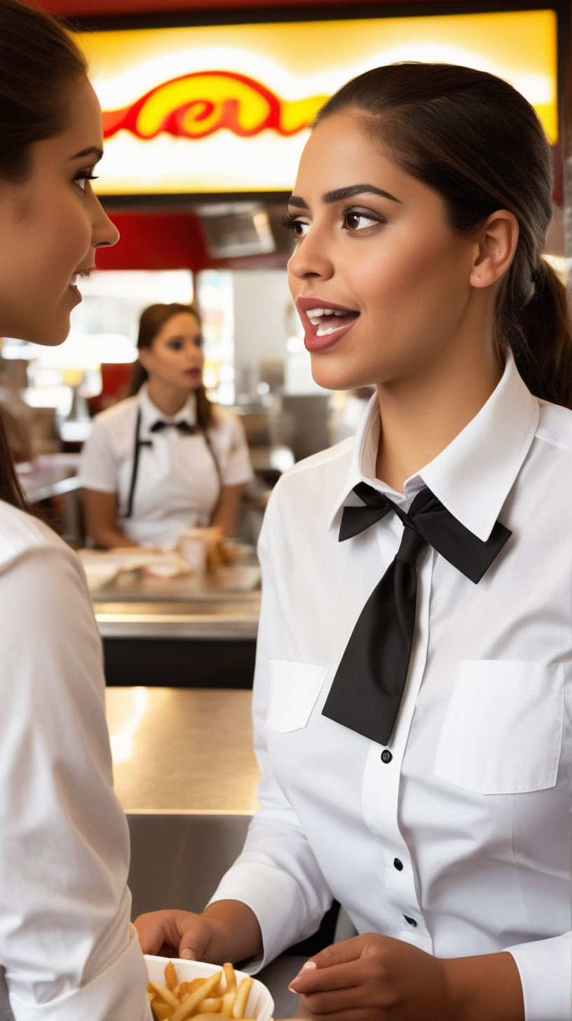 A Latina female facing left waitress dressed in a white with a black collar is talking to another waitress in a fast-food restaurant asking for help. 