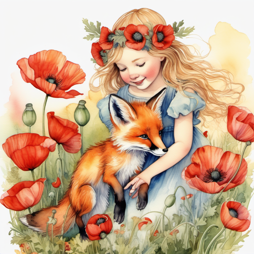 a watercolor poppy flower fairy in the style of Cicely Mary Barker playing with a cute baby red fox in a field full of brightly colored poppies.  