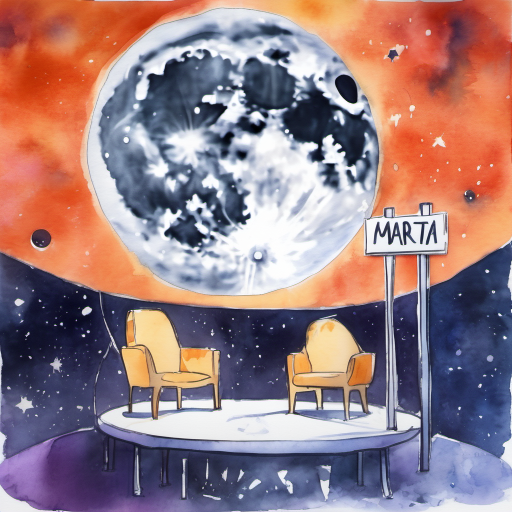 Marta escrito en luna, escrito en cartel luminoso de escenario futurista lunar.acuarela