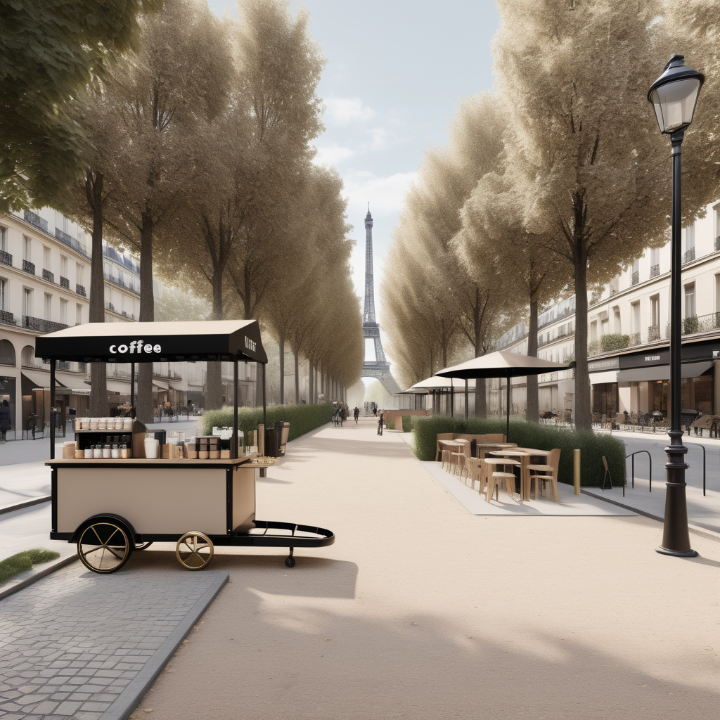 hyperrealistic modern Parisian street of  park with coffee cart and playground; beige, oak, brass and black colour palette

