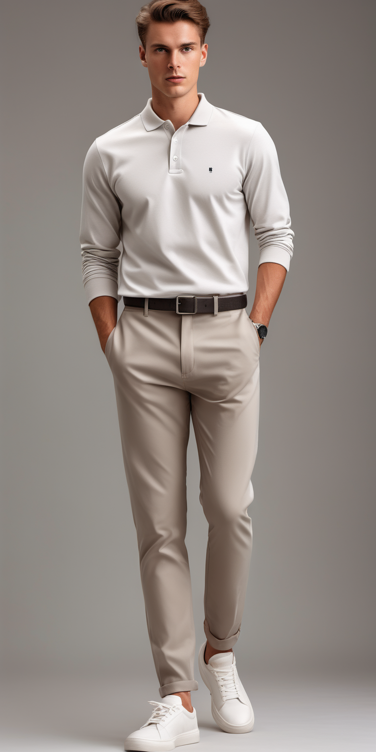 men wearing long sleeve white polo shirt, grey trousers, light grey background, full body, uniform design, modern design, fashion, beige sneakers 