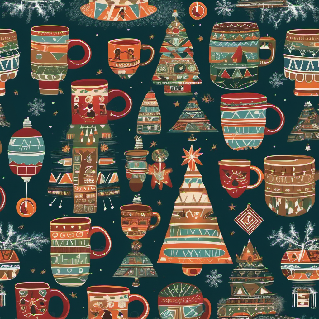 Background:Decorated Christmas scene with Christmas tree, snowmen and lights.Aztec or Mayan patterns and symbols in the background.Middle part:A table with a coffee mug decorated with Mayan or Aztec patterns.A coffee cup or mug with a couple of scents rises.Details:Coffee beans on the table or scattered around the table with Aztec or Mayan patterns.Christmas ornaments such as small balls hang from the Christmas tree, each decorated with patterns inspired by ancient cultures.Characters:A figure dressed in Mayan or Aztec style holding a mug of coffee.Perhaps other figures, such as snowmen or angels, also dressed in traditional style.Colors:Use warm colors such as red, brown, gold and green for Christmas cheer.Aztec or Mayan patterns may include shades of blue, orange, red, and green.