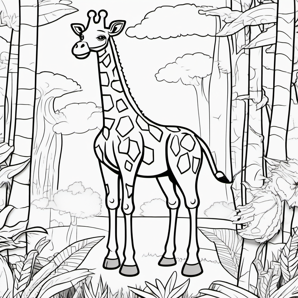 /Imagine colouring page for kids, Giraffe rex in a jungle, cartoon style, Thick Lines, low details, no shading --ar 9:11