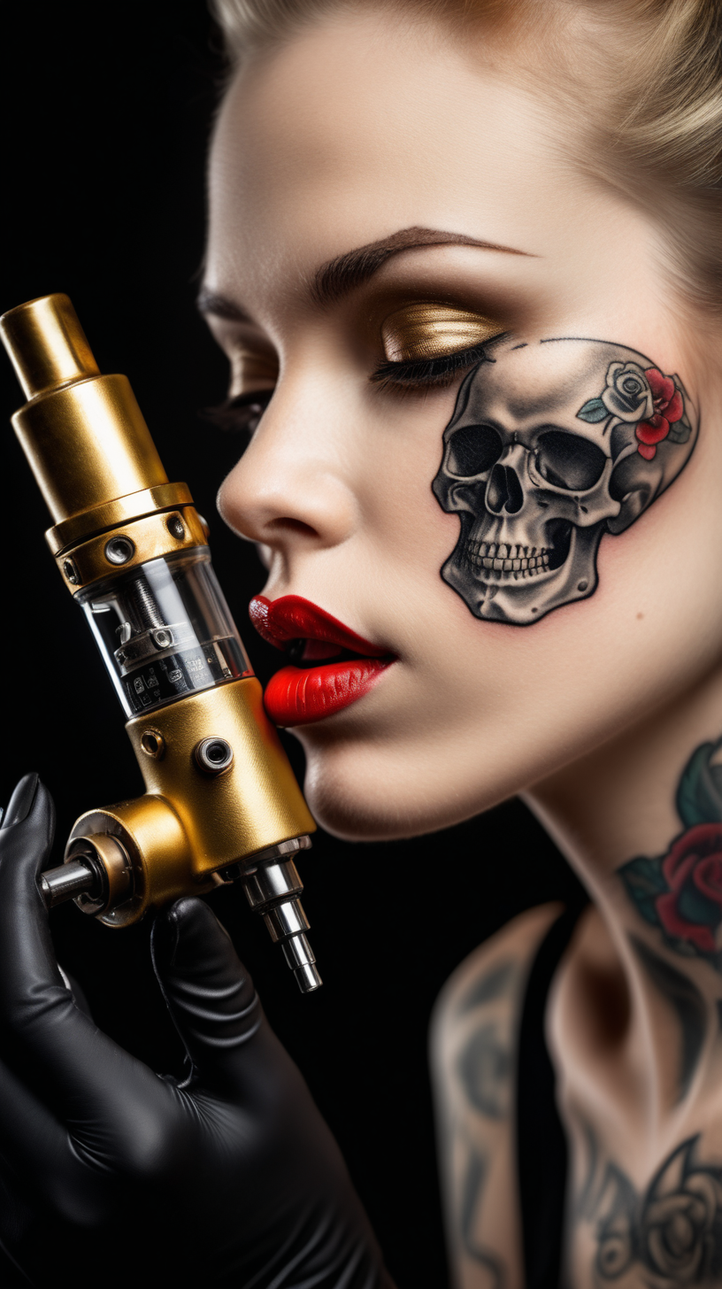 /imagine prompt : An ultra-realistic photograph captured with a canon 5d mark III camera, equipped with an macro lens at F 5.8 aperture setting, The camera is directly in front of the subject, capturing a vintage classic tattoo machine ,a pattern of the skull is engraved on it's golden tattoo grip , grabbed by a hand wearing black nitrile gloves . A beautiful woman whose only lips are visible in the picture is kissing the handle of the tattoo machine with her lips painted with red lipstick.
the hand is blurred and the focus sets on tattoo machine .
Soft spot light gracefully illuminates the subject and golden grip is shining. The background is absolutely black , highlighting the subject.
The image, shot in high resolution and a 16:9 aspect ratio, captures the subject’s  with stunning realism –ar 9:16 –v 5.2 –style raw
