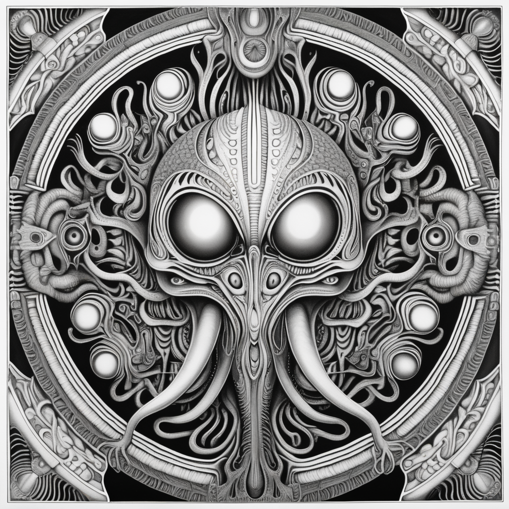 black & white, coloring page, high details, symmetrical mandala, strong lines, vagina with many eyes in style of H.R Giger