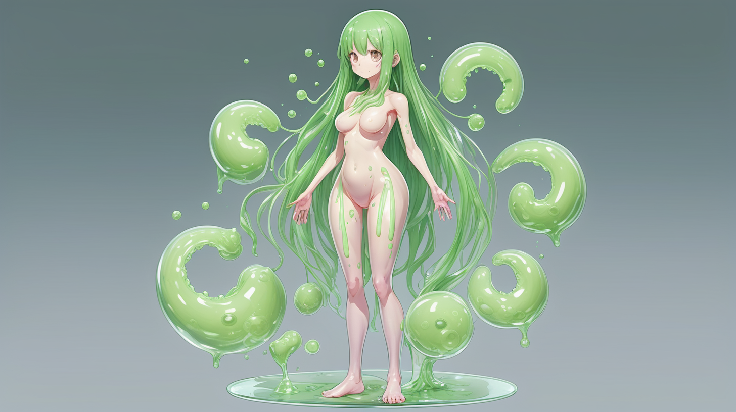 semitransparent single-celled organism slime girl waifu. entire body is semitransparent.  skin is a cell membrane.