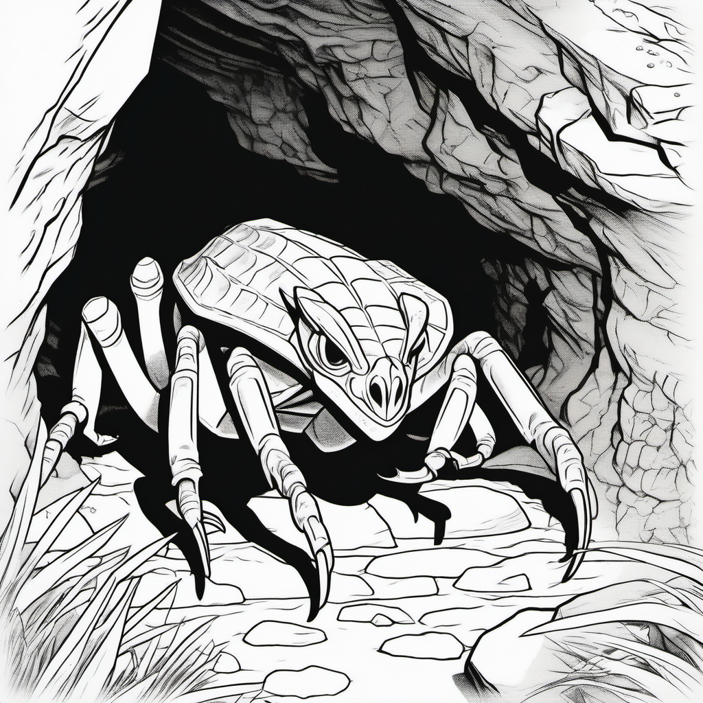A dinosaur spider, in cave, coloring book pages