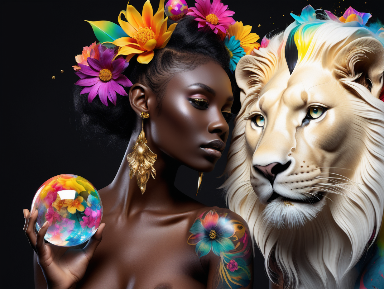 abstract exotic black Model with soft colorful flowers the colors leak into her hair. 
 add She is holding a toy top in gold
she is looking at realistic white 
lion
Add see through crystal balls floating in the air
add tattoos on her arms and shoulder