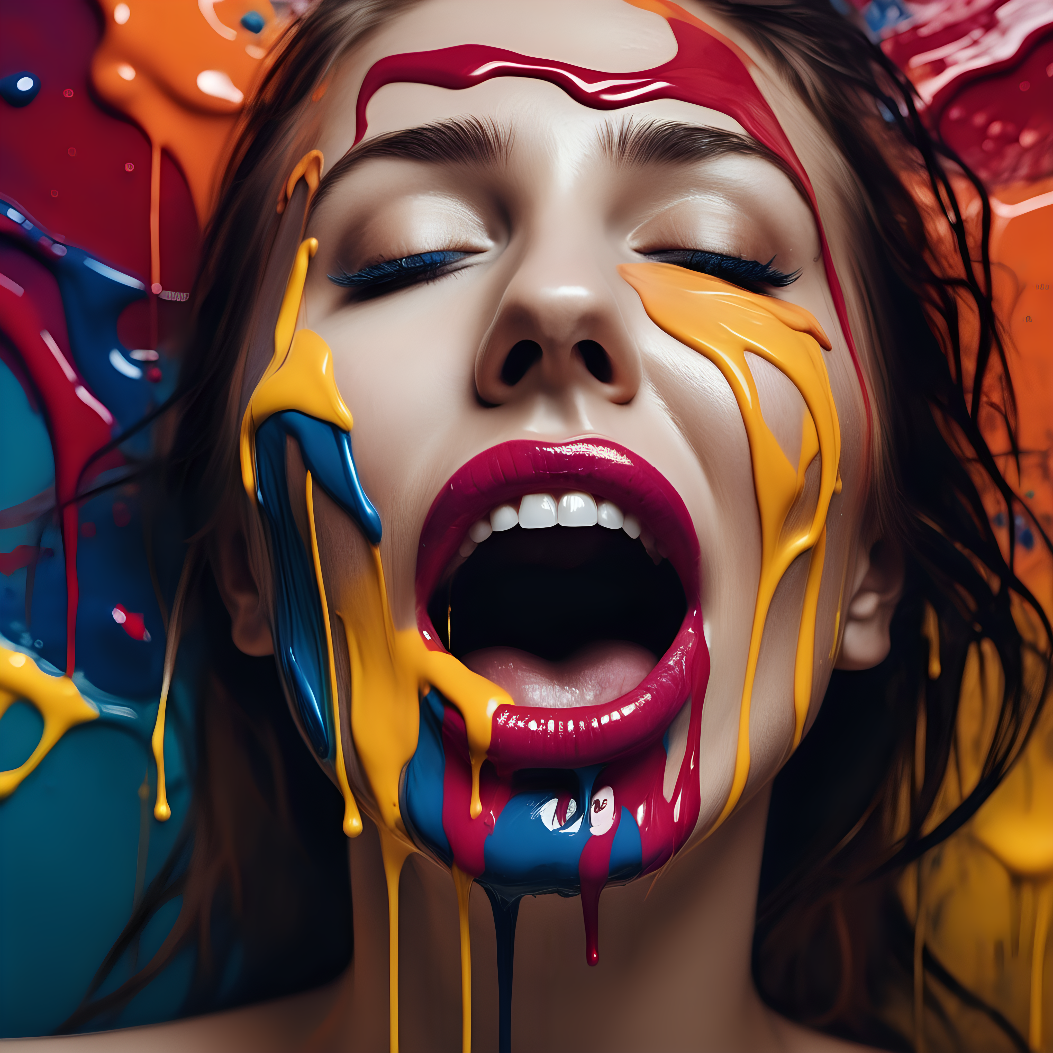 erstelle foto, abstraktes  kunstwerk einer frau in farbe getränkt es soll einen hauch von  erotisch sein lege den fokus aufd den mund nur er soll zu sehen sein 

