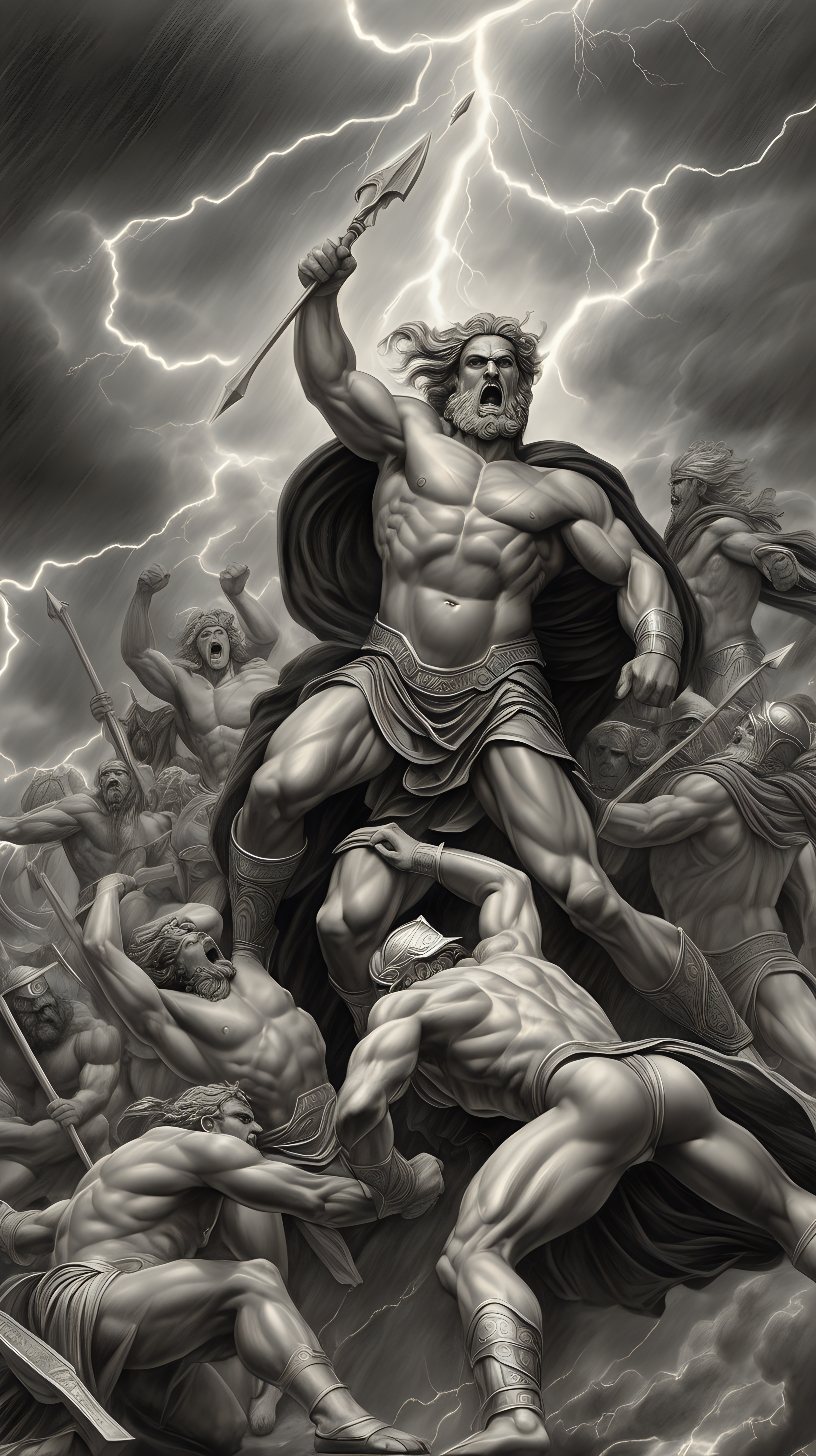 /imagine prompt : a hyper realistic black and gray  drawing, feautering Greek's gods & goddesses greek mytology, titan war scene

-no cut
<background>thunder and lightning
<style>pencil drawing
_ar 9:16