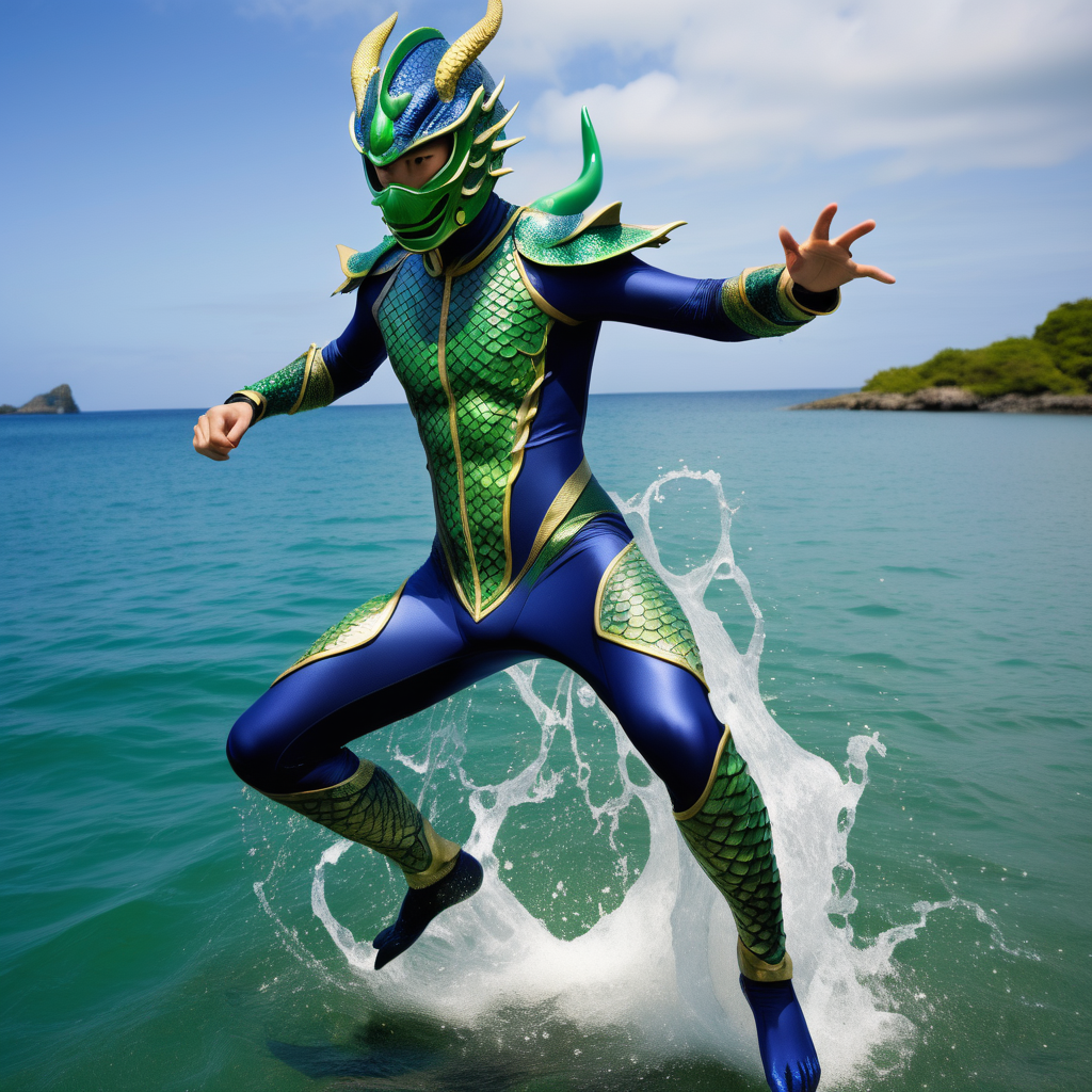 fit Japanese young adult, full body blue and green skintight suit with scales, blue and green costume, Japanese dragon helmet, dragon themed pauldrons, webbed feet, webbed hadns, serious, jumping on water, sea, Okinawa, day
