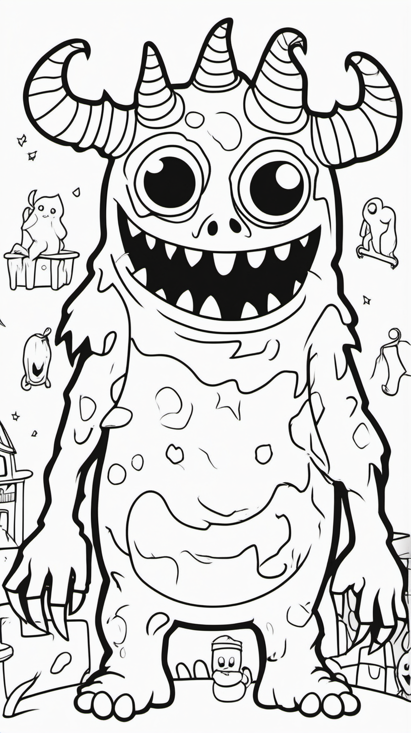A coloring book for children consisting of 80 pages about a monster at a Halloween party, a white background without shadows, and the drawing is in black, with a precise line in English.