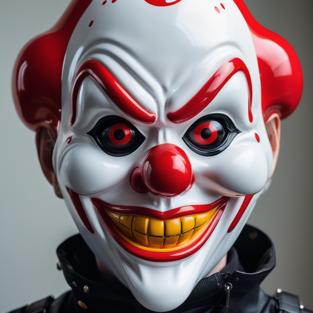 A close-up portrait of a person wearing a futuristic plastic Japanese Kagura mask. The mask looks like a crazy Ronald Macdonald clown screaming with eyes falling out of the eye sockets