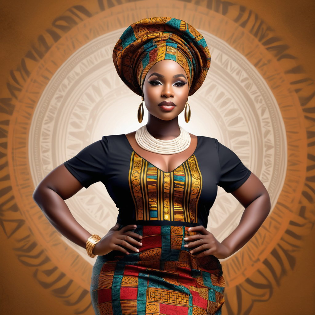 A realistic image  full body of a curvy nubia skin black woman with super medium short cut hair wearing african dress and head gele  With the words AM BLESSED in the back ground 