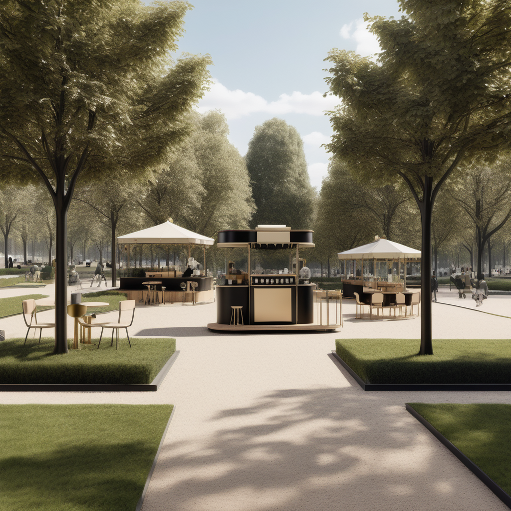 hyperrealistic modern Parisian park with coffee cart and grand playground on lawn; beige, oak, brass and black colour palette

