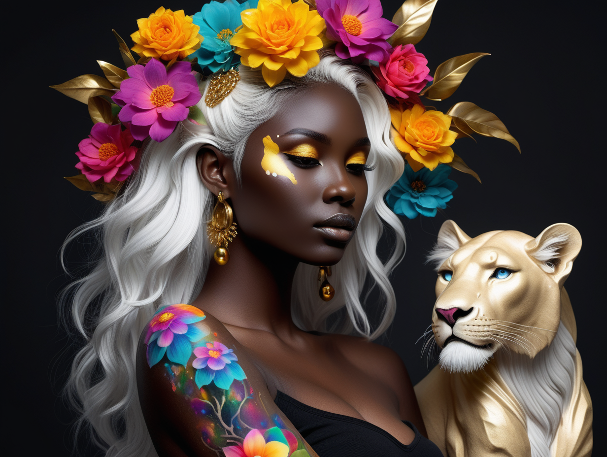 abstract exotic super black Model with soft colorful flowers, the colors of the flowers bleed into her hair. 
 add She is holding a toy top in gold
she is looking at realistic white 
lion
 8 crystal balls in different sizes are floating in the air around them 
add tattoos on her arms,  shoulder and back