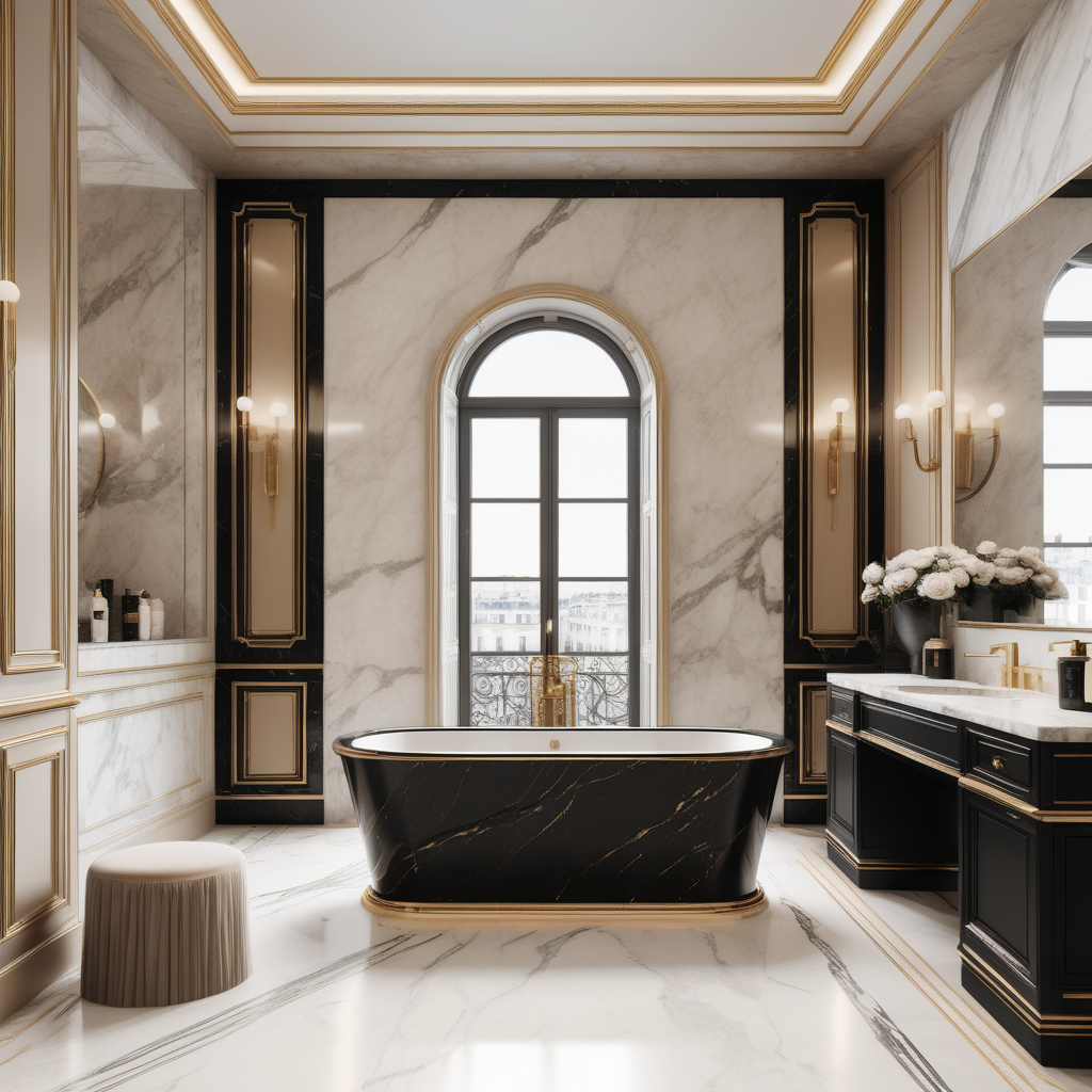 a hyperrealistic of a grand  modern Parisian bathroom with a built in bathtub surrounded by marble in a beige oak brass and black colour palette
